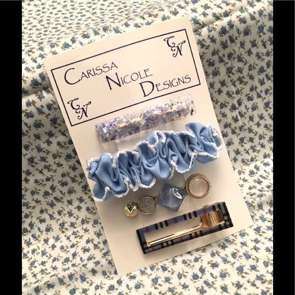 Carissa Nicole Designs Accessories - Set of Blue alligator clips and handmade scrunchie French barrette collection